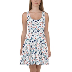 Colorful Floral Dice Skater Dress Red Flowers Blue Dice Green Leafs White Whimsical Minimalist DND Dress White Dress Floral Pattern