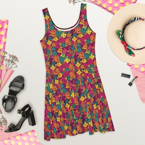 Colorful D20 Dice Skater Dress - Roll the Dice Vibrant Skater Dress - Perfect for D&D Enthusiasts - Mid-Thigh Length Flared Skirt Comfort