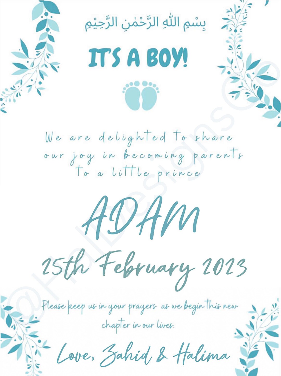 Muslim Baby Boy Islamic Birth Announcement Digital Etsy