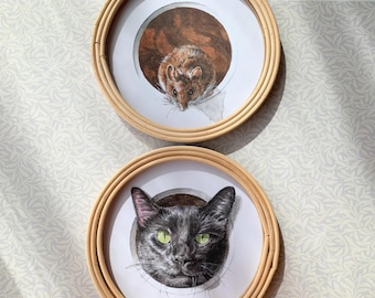 Arte de pared imprimible de gato y ratón, impresiones digitales caprichosas de estilo cottagecore, habitación infantil bohemia neutra