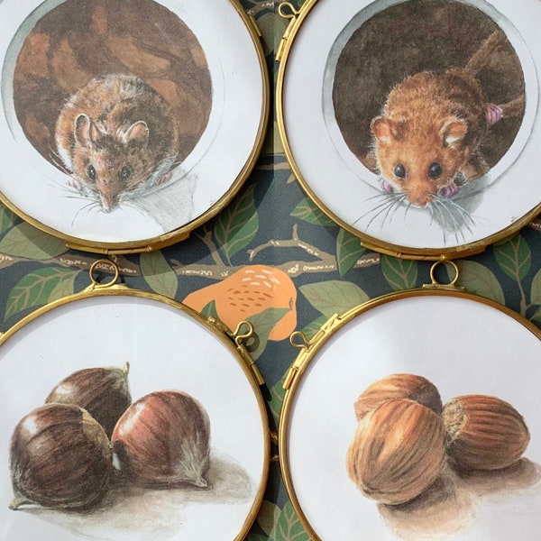 Whimsical Dark Academia Art Printable Set of 4, Woodland Nursery Decor, Vintage Style Dormouse, Mouse and Nut Paintings