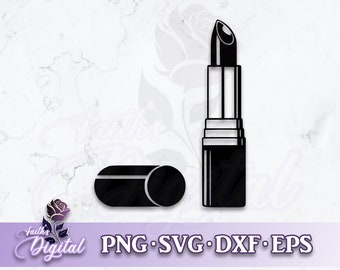 Puede incluir: Un labial negro y su tapa, sobre un fondo de mármol blanco. El labial está abierto, revelando el color oscuro del labial. La imagen también incluye el texto "PNG • SVG • DXF • EPS".