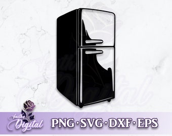 May include: A black and white silhouette of a vintage refrigerator with two doors. The refrigerator is a common household appliance used for storing food and beverages.