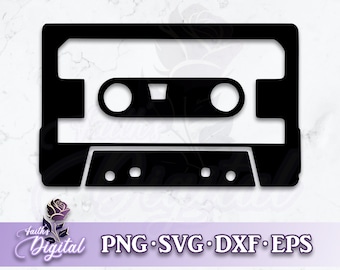 May include: Black and white silhouette of a cassette tape. The tape is a simple design with no details.