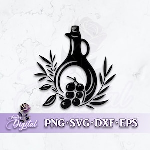 May include: Black and white silhouette of an olive oil bottle with a branch of olives and leaves. The bottle is round and has a spout. The olives are clustered together.