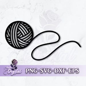 May include: Black and white silhouette of a ball of yarn with a long strand of yarn trailing off to the side.