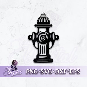 May include: Black and white silhouette of a fire hydrant with a domed top. The fire hydrant has a round handle and a chain on each side.