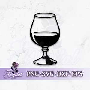 May include: Black and white silhouette of a wine glass with a round bowl and a stem. The glass is filled with liquid.