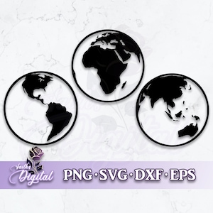 May include: Three black and white globe illustrations with different continents highlighted. The globes are circular and have a white background with black outlines.