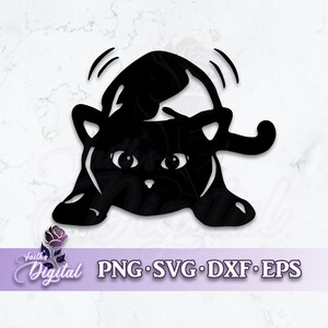 May include: Black and white silhouette of a cat with its back arched and tail curled. The cat is looking to the right with its eyes wide open.