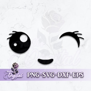 May include: Black and white digital illustration of a cartoon face with large eyes, a closed eye, and a smiling mouth. The face is winking.