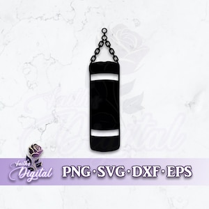 Puede incluir: Silueta negra de un saco de boxeo colgante con una cadena. El saco tiene dos rayas blancas.