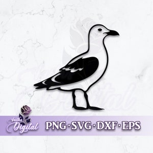 May include: Black and white silhouette of a seagull with its wings folded. The seagull is standing on two legs with its head turned to the right.