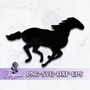 May include: Black silhouette of a running horse, a popular design for crafts, decals, and home decor.