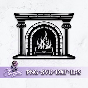 May include: Black and white silhouette of a fireplace with a mantel and two columns. The fireplace has a brick arch and a fire burning inside.
