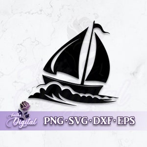 May include: Black sailboat illustration with billowing sails and stylized waves. The image includes the text "Faith's Digital" and file type options: PNG, SVG, DXF, and EPS. The design is set against a marble-like background.
