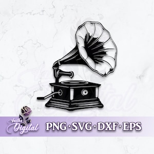 May include: Black and white silhouette of a vintage gramophone with a large, flared horn. The gramophone is a classic design with intricate details.