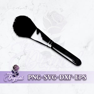 May include: Black silhouette of a makeup brush with a large, round brush head. The brush is angled and the handle is long and thin.