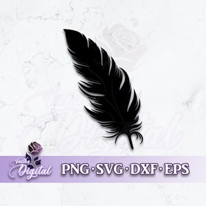 May include: A black silhouette of a single feather with detailed lines. The feather is isolated against a white marble background.