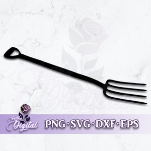 May include: Black silhouette of a garden fork with three tines. The fork is isolated on a white background.