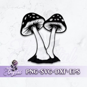 May include: Black and white silhouette of two mushrooms with white stems and dotted caps.