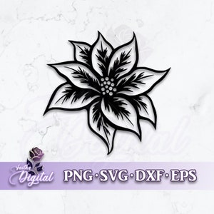 May include: Black and white silhouette of a poinsettia flower with detailed petals and a center with small circles. PNG, SVG, DXF, EPS.