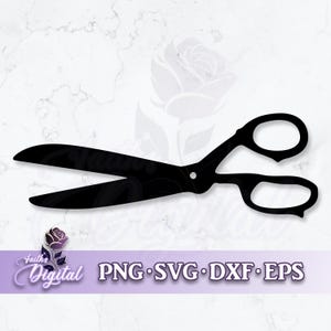 May include: Black silhouette of a pair of scissors with a single rivet in the center. The scissors are open and the blades are pointed.