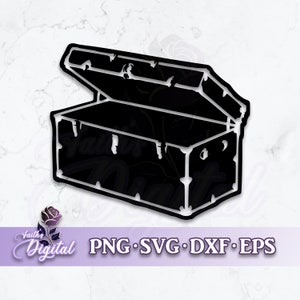 May include: A black and white illustration of an open treasure chest with a distressed wood texture. The chest is open and empty.