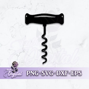 May include: Black silhouette of a corkscrew with a T-shaped handle. The corkscrew is a common tool used to open wine bottles.