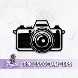 May include: Black and white silhouette of a vintage camera with a large lens. The camera is a popular design element for photography and art.