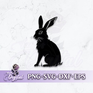 Peut inclure: Silhouette noire d'un lapin assis, les oreilles dressées. Le lapin est tourné vers la gauche de l'image.
