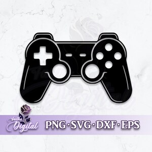 May include: Black and white silhouette of a video game controller. The controller has a directional pad, four buttons, and two analog sticks.