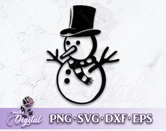 May include: Black and white silhouette of a snowman with a top hat and a scarf. The snowman has two small circles for eyes and a carrot nose.