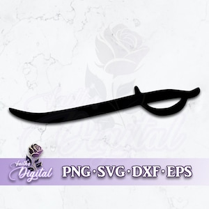 May include: A black silhouette of a curved sword with a handle. The sword is isolated on a white background.