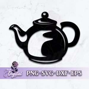 May include: Black silhouette of a teapot with a rounded body and a spout. The teapot has a lid with a knob on top.