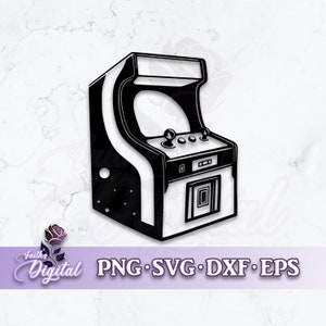 Puede incluir: Ilustración en blanco y negro de una máquina de videojuegos arcade retro. El diseño presenta una silueta curva con una pantalla, joystick y botones. La imagen incluye el texto "PNG • SVG • DXF • EPS".