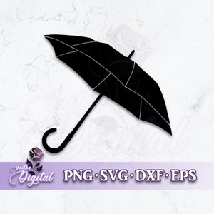 May include: Black silhouette of an umbrella with a curved handle. The umbrella is angled to the right and the handle is pointing down.