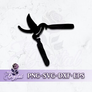 May include: Black silhouette of a pair of pruning shears, a gardening tool.