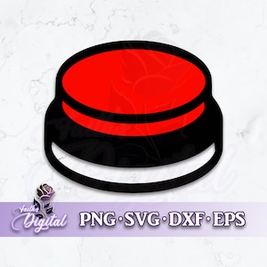 May include: A red button with a black outline and a white border. The button is a digital download for crafting projects.