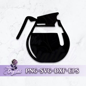 Op de afbeelding: Zwarte en witte silhouet van een koffiekan met een tuit en een handvat. De kan is gevuld met koffie.