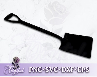 May include: Black silhouette of a shovel with a wooden handle. The shovel is isolated on a white background.