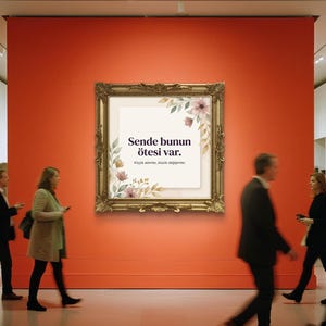 May include: A square wall art piece in an ornate gold frame featuring a white center with floral illustrations in the corners and the text "Sende bunun ötesi var." followed by the smaller text "Küçük adımlar, büyük değişimler."
