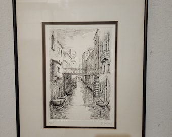Vintage Signed Venice Italy Canal Etching Limited 14/30. 20" x 14" Framed