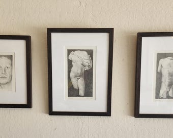 Original Graphite Pencil Drawings - Lot of 3 - Male Nude Bust - Signed vctullis - Vintage