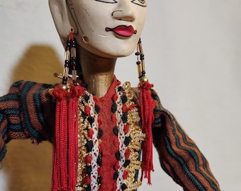 Indonesian Wayang Golek Rod Puppet w/ Batik Skirt & Stand (c. 1960s–70s) – 16"