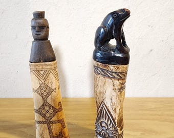 Carved Bone Shaman Ritual Containers – 2-Piece Lot – Tribal-Style 1970s Vintage Decor
