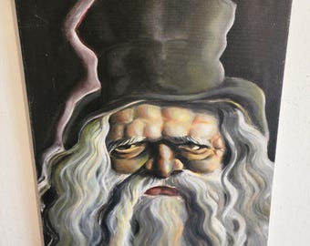 Original Wizard Painting Signed 1994 Fantasy Dark Art Portrait Canvas 26"x22"