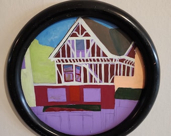 Original Oil Painting 30" Round Folk Art Framed Wall Art c.1990s Decor