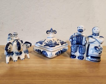 Gzhel - Hand-Painted Figurines - Vintage Porcelain - Lot of 3 - Russia/ USSR