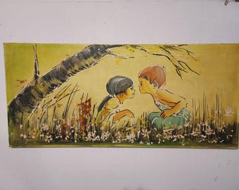 Oil Painting – 1960s Mid Century Children Under Tree – Signed Thomas – Framed 41"x18"